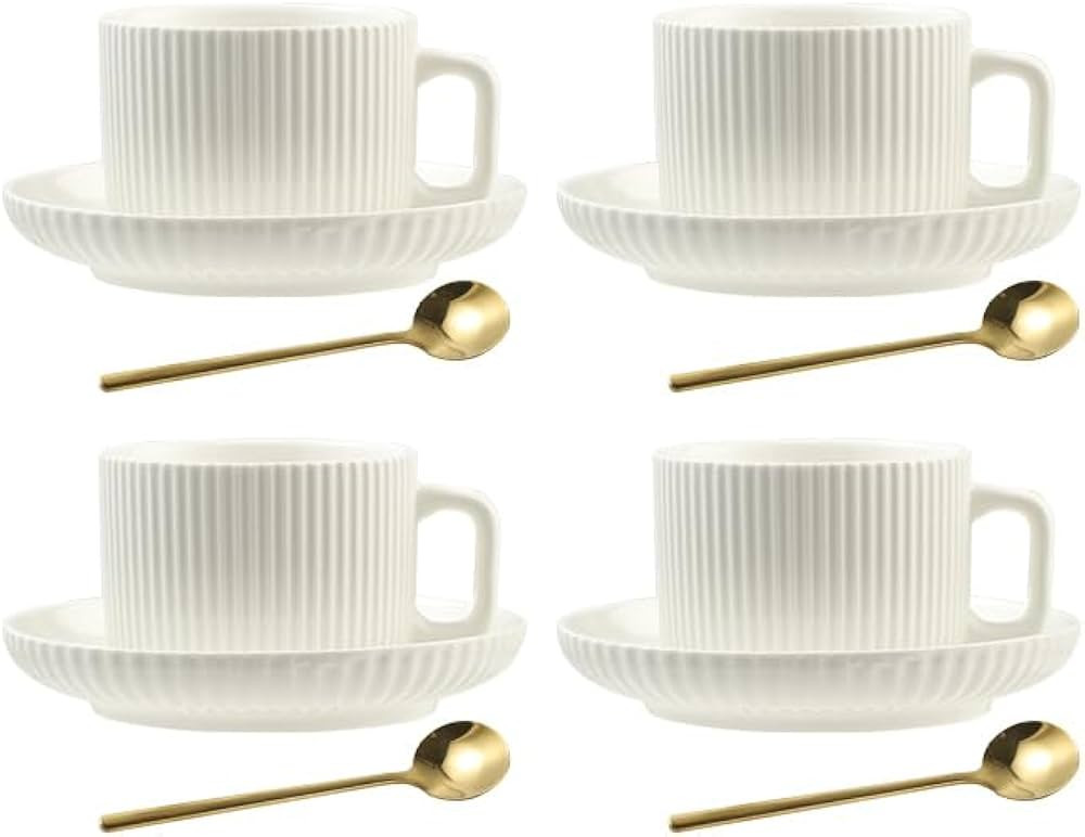 8 Ounce Cappuccino Cups Set of 4, Latte Mugs with Saucers and Spoons, White Cream Ceramic Coffee ... | Amazon (US)