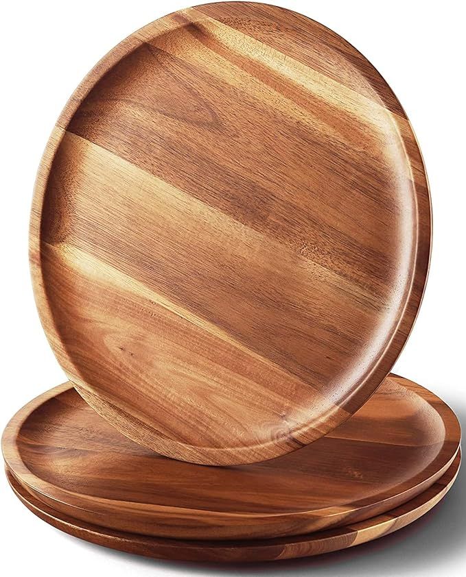 FANICHI Acacia Wood Dinner Plates, 11 Inch Round Wood Plates Set of 3, Easy Cleaning & Christmas ... | Amazon (US)