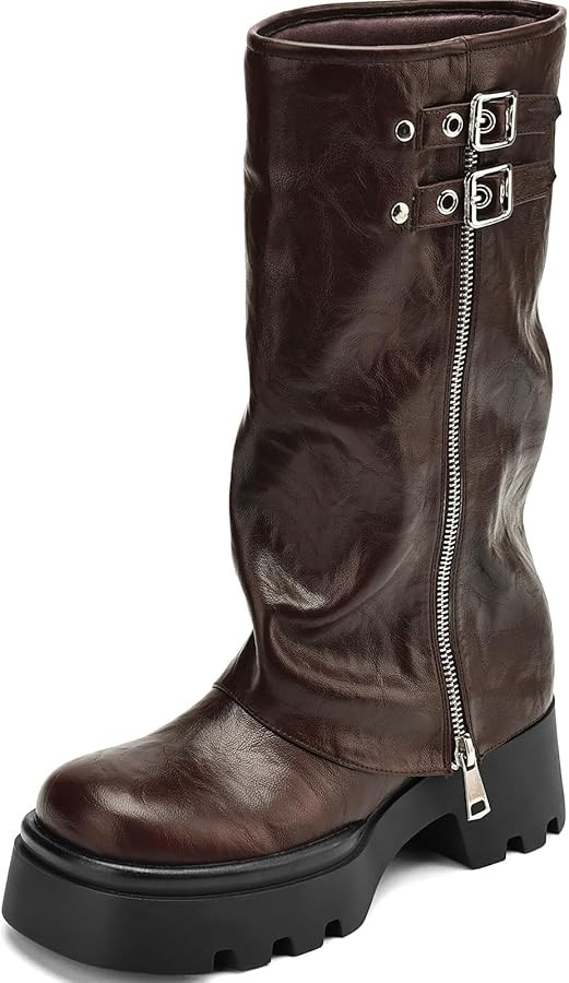 Women's Knee High Riding Boots Chunky Platform Low Heel Round Toe Moto Boots Slouchy Fold Over Wi... | Amazon (US)