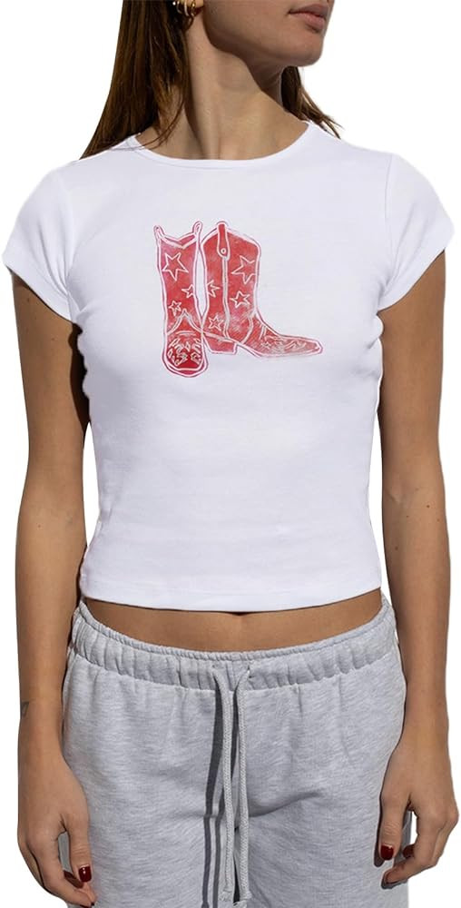 Women Vintage Graphic Print Crop T-Shirt Short Sleeve Y2K Baby Tee Western Cowgirl Country Music ... | Amazon (US)