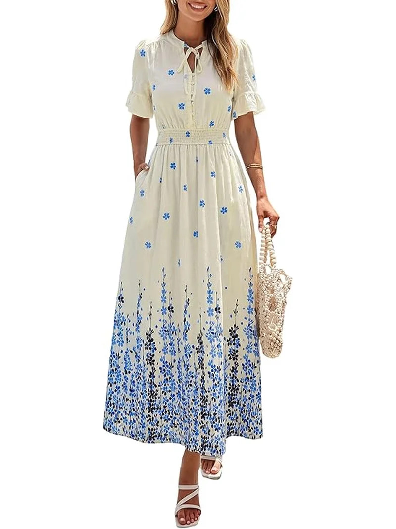 PRETTYGARDEN Women's Boho Floral Maxi Dress Summer Short Sleeve Tie V Neck Spring Wedding Guest F... | Walmart (US)