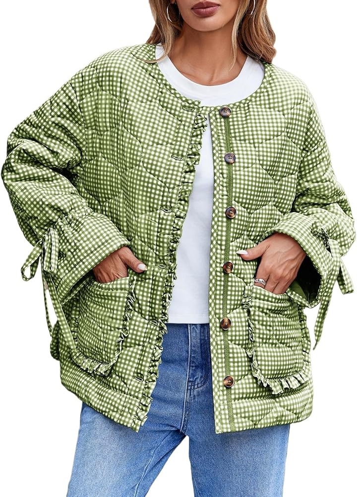 Tankaneo Womens Cropped Quilted Puffer Jackets Lightweight Plaid Button Down Bow Padded Down Coat | Amazon (US)