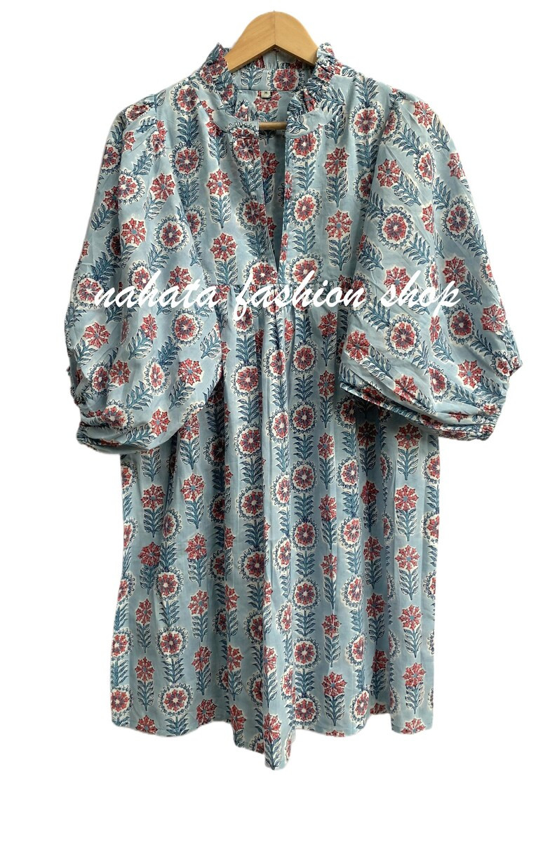 Light Blue Floral Hand Block Print Mini Maxi Dress, Red Flower Cotton Dress | Etsy (Global)