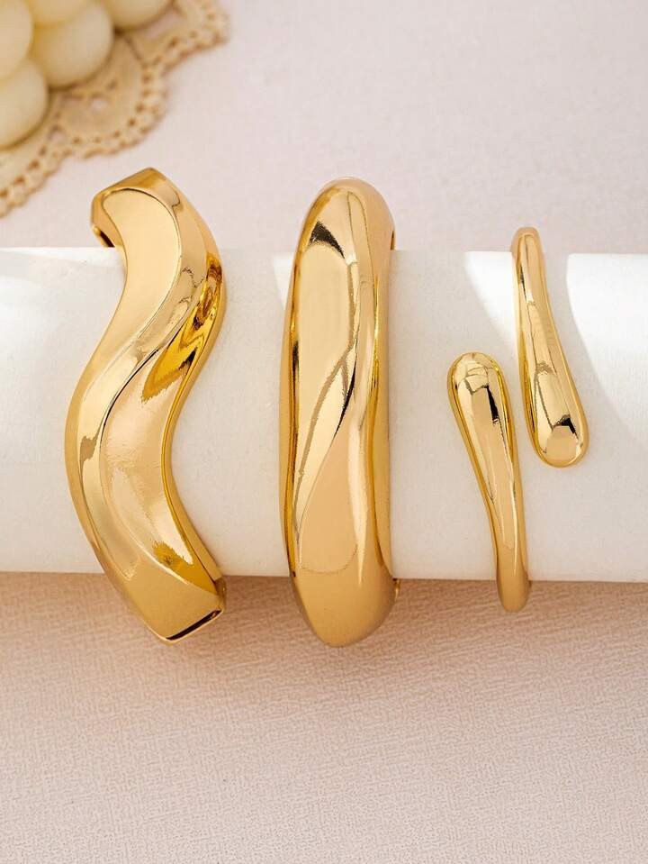 3pcs/1set Minimalist Fashion Gold Geometric Wave Asymmetrical Teardrop Bangle Bracelet Set, Suita... | SHEIN
