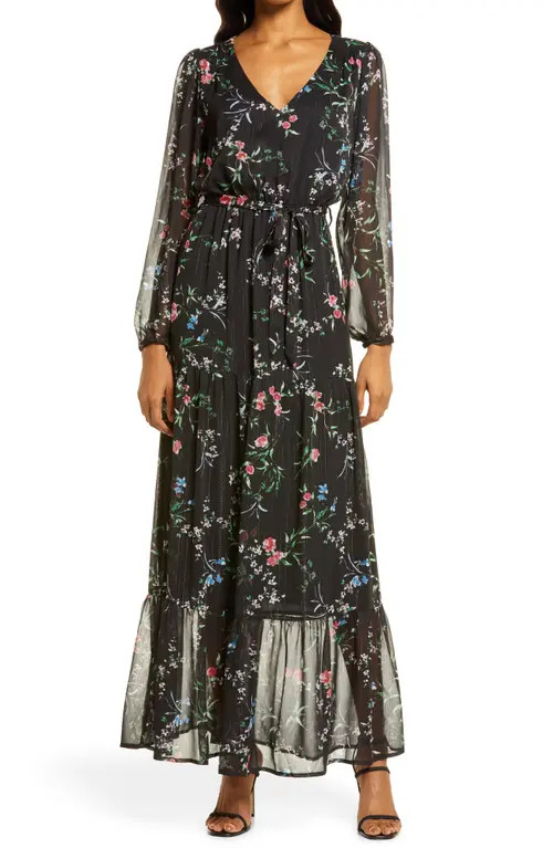 Chelsea28 Floral Belted Long Sleeve Dress in Black Floral at Nordstrom, Size Large | Nordstrom