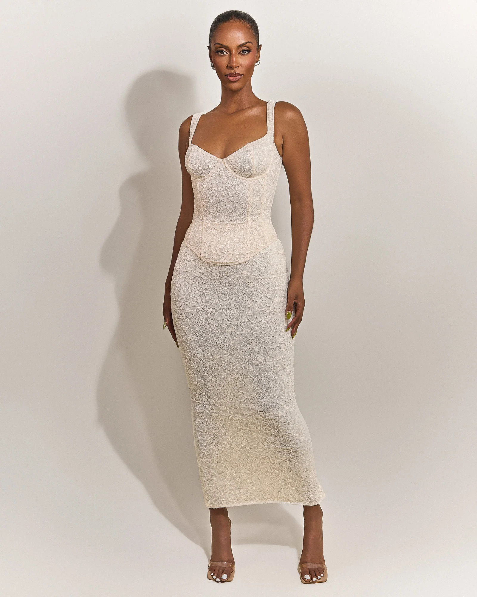 The Cinched Lace Maxi Set in Off White | Mars The Label