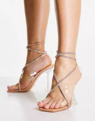 Public Desire Kym clear heel sandals with jewel tie in beige | ASOS (Global)