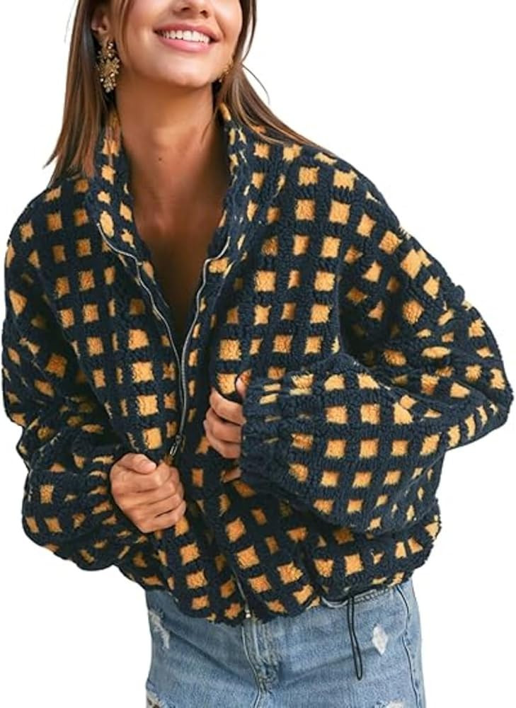 Women's Checkered Sherpa Jacket Long Sleeve Fuzzy Cropped Fleece Jackets Winter Casual Loose Tedd... | Amazon (US)