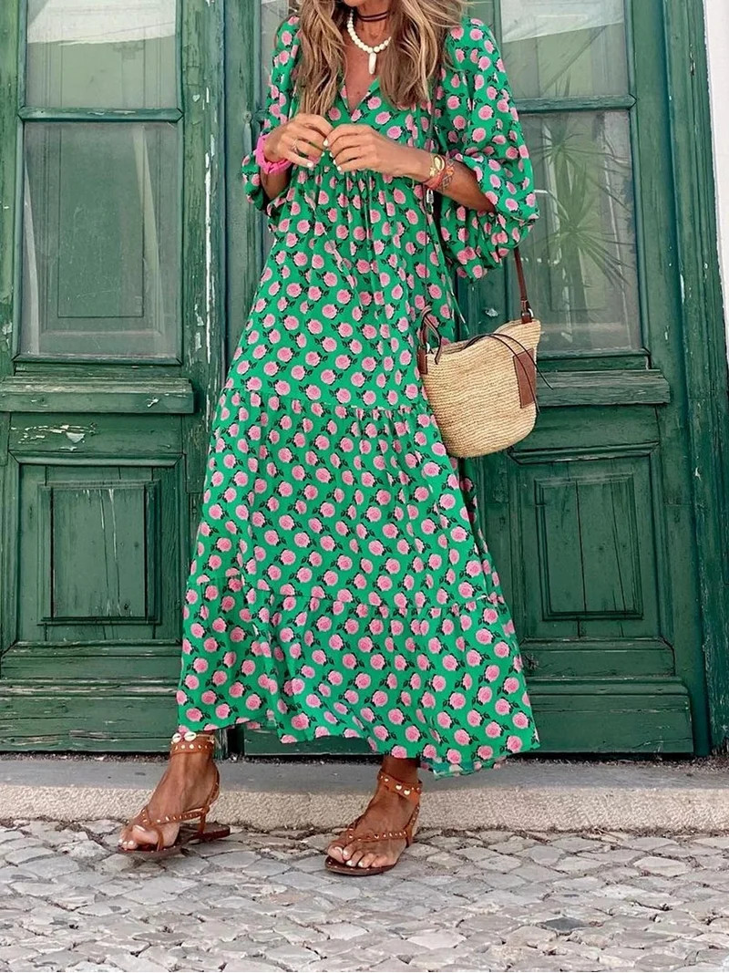 Women Short Puff Sleeve V Neck Maxi Dress Summer Boho Floral Printed Dress Smocked Tiered Flares ... | Walmart (US)