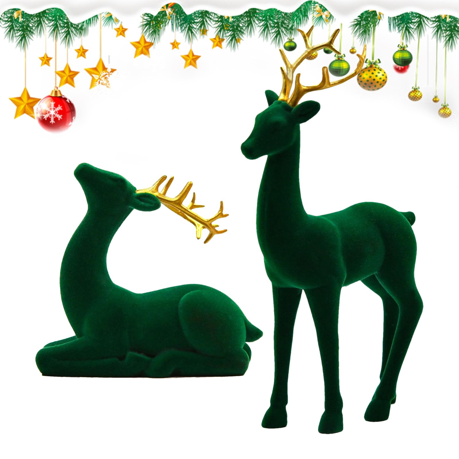 Reindeer Christmas Decor - Christmas Reindeer 2Pcs, Flocking Reindeers Figures | Red and Green Ae... | Amazon (US)