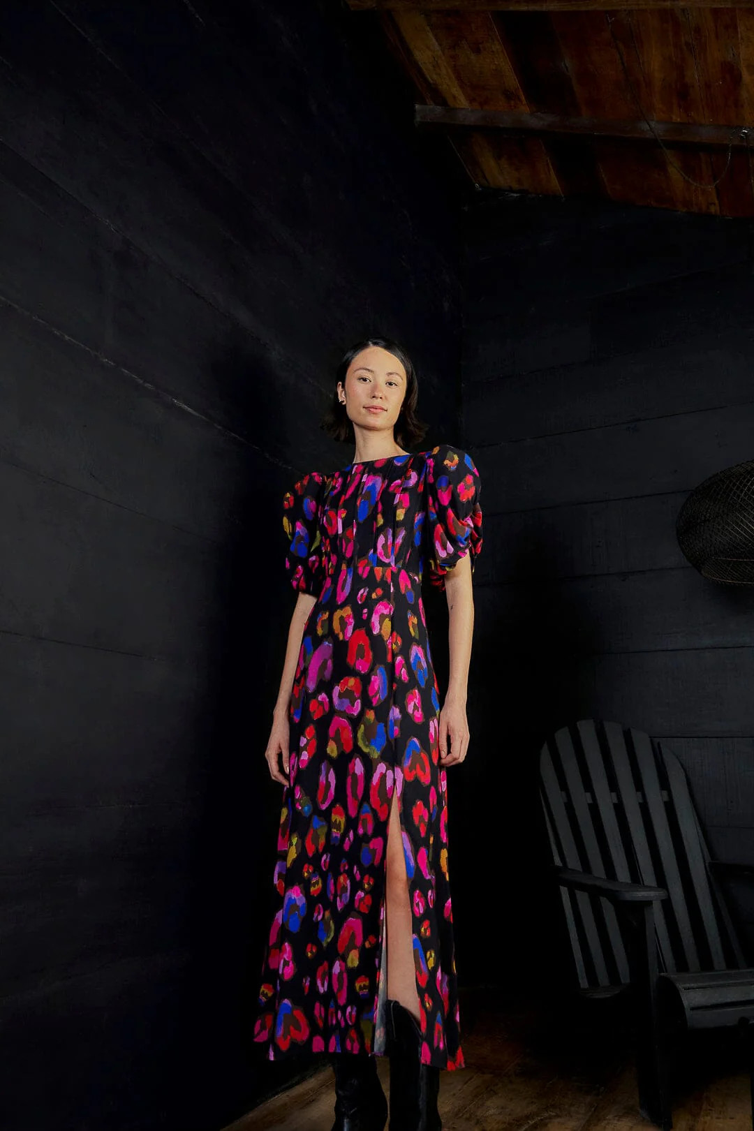 black iridescent leopards slit midi dress | FarmRio (US)