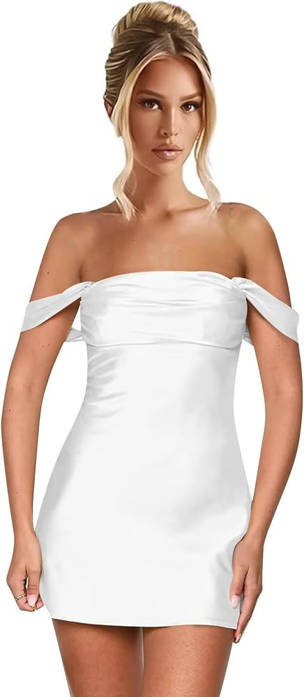 Amazon.com: enetly Satin Off Shoulder Red Short Homecoming Dresses for Teens Tight Open Back Grad... | Amazon (US)