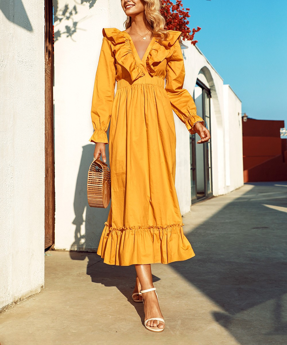 VUTTI Women's Casual Dresses Yellow - Yellow Ruffle Midi Dress - Women | Zulily