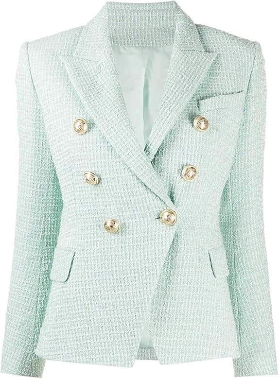 Jacket Women's Classic Metal Buttons Double Breasted Tweed Blazer Mint Green | Amazon (US)
