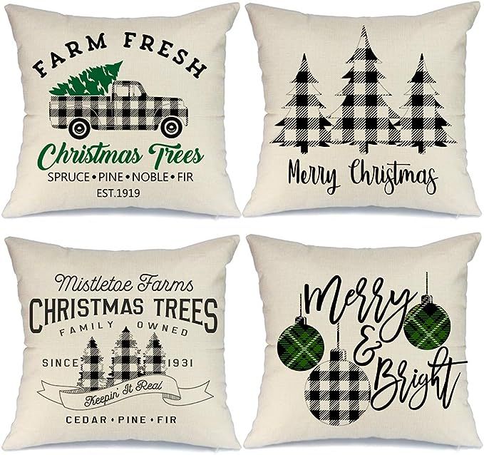 AENEY Christmas Decorations Pillow Covers 18x18 Set of 4 Marry Bright Buffalo Plaid Tree Christma... | Amazon (US)