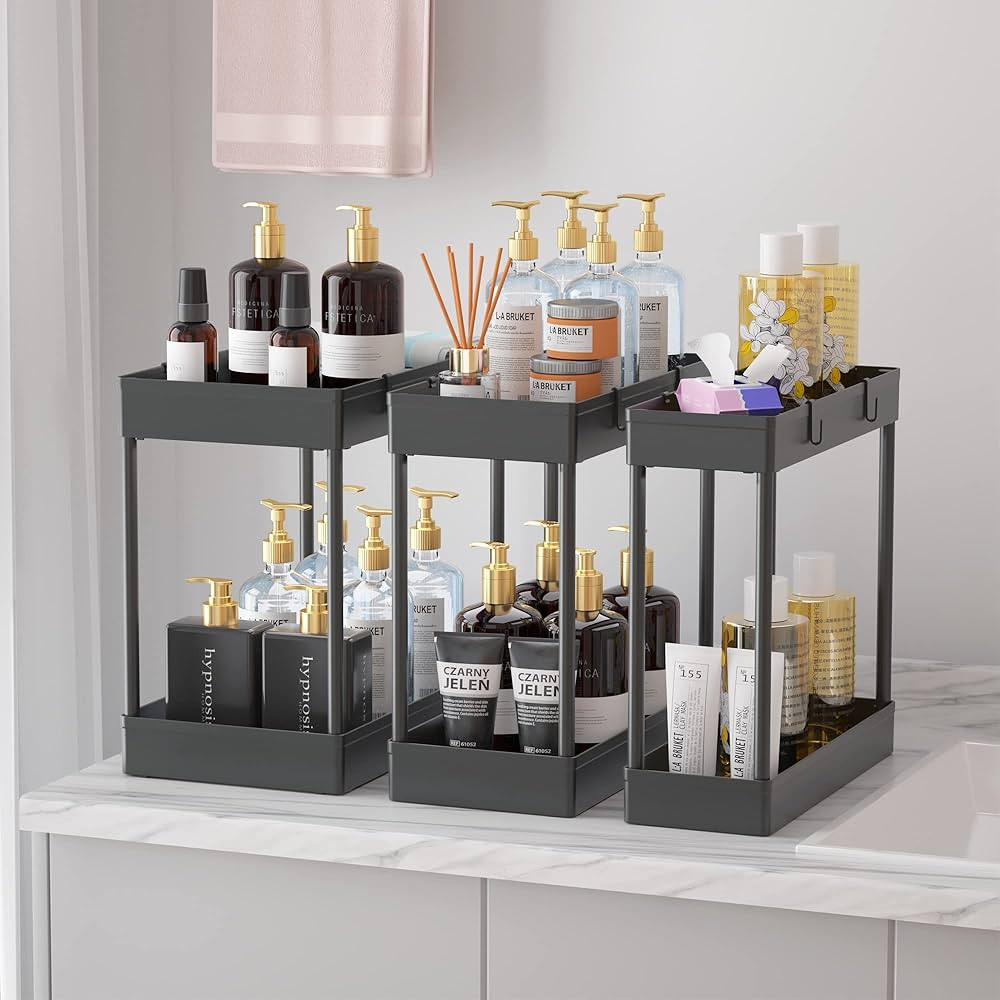 JuJeKwk Bathroom Organizer Under Sink 3 Pack, 2 Tier Bathroom Cabinet Organizer, Large capacity U... | Amazon (US)