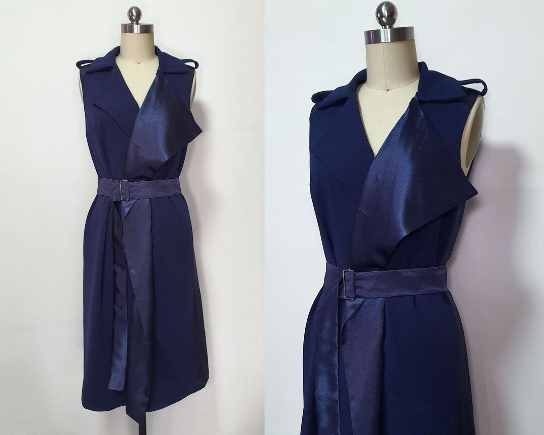 Meghan Markle inspired Belted satin wrap dress/ Navy cocktail dinner Dress/ Formal trench dress/ ... | Etsy (US)