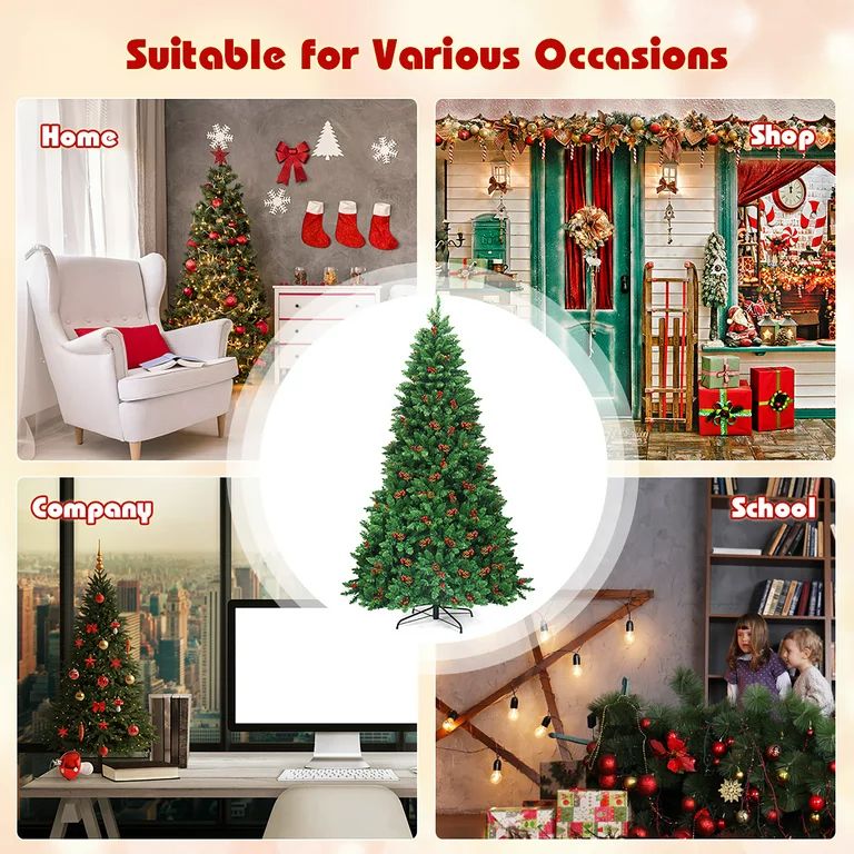 Costway 7.5Ft Pre-lit Hinged Christmas Tree w/ Pine Cones Red Berries and 550 LED Lights | Walmart (US)