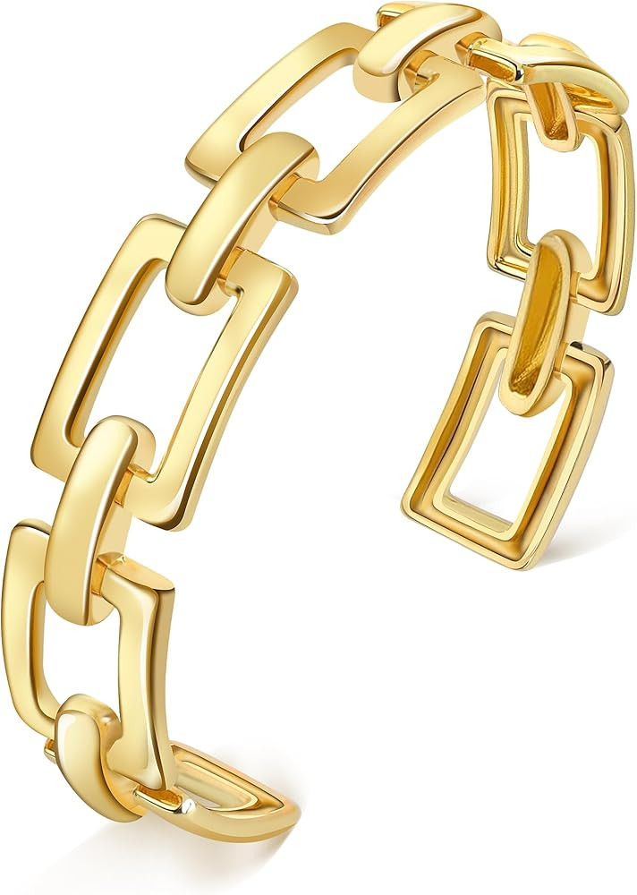 Gold Cuff Bracelets for Women, 18K Gold Plated Geometric Rectangle Aesthetics Creative Design - A... | Amazon (US)