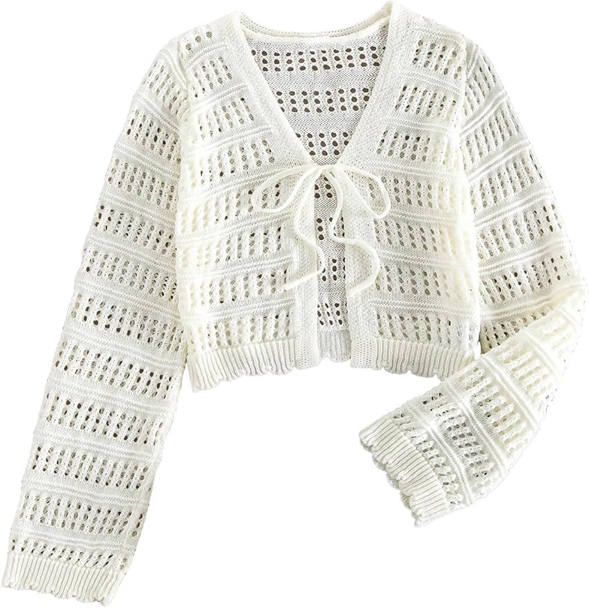 SHENHE Women's Tie Front Hollow Out Cover Up Summer Boho Knit Cardigan Crop Tops | Amazon (US)