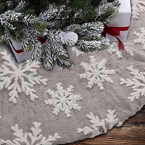 HOOJO Christmas Tree Skirt, 48 Inch Jacquard Cashmere Snowflakes Tree Skirt, Xmas Plush Tree Mat for | Amazon (US)