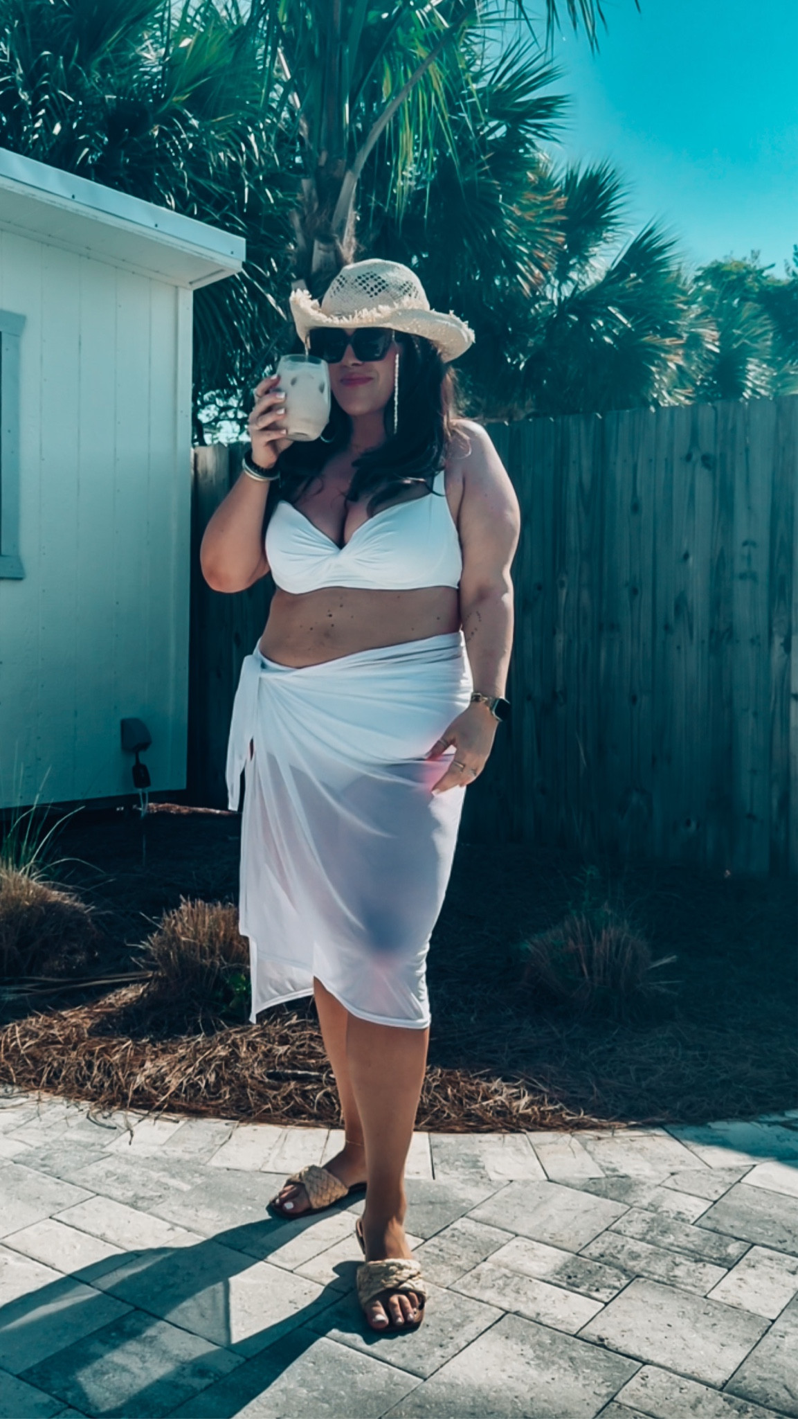 Pool day midsize outfit - bathing suit - swimsuit- bikini- white bathing suit 
Underwire bra top 38dd
High waisted bottom xl 
Sandals tts 
Sarong xl 


#LTKcurves #LTKSeasonal #LTKswim