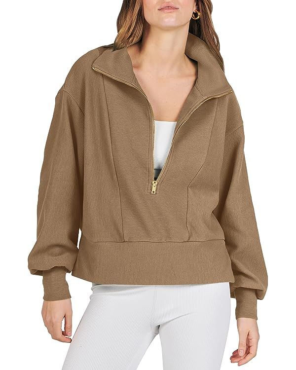 ANRABESS Women Half Zip Cropped Sweatshirt Casual Fleece Quarter Zip Up Rib Knit Pullover 2023 Fa... | Amazon (US)