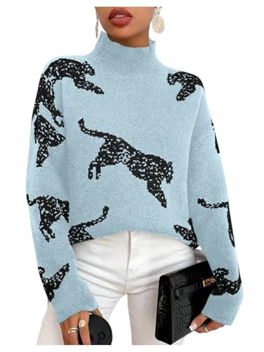 WDIRARA Women's Leopard Tiger Print Sweater High Neck Long Sleeve Fuzzy Knitted Pullover Top | Amazon (US)