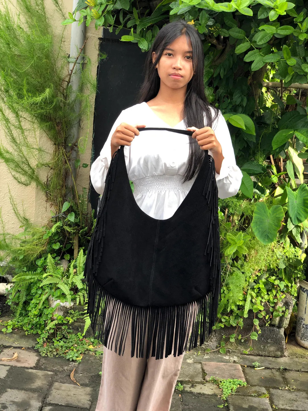 Black Suede Fringe Crossbody Bag: Genuine Leather Boho Purse - Etsy | Etsy (US)