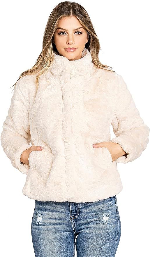 Ambiance Apparel Women's Juniors Faux Fur Jacket | Amazon (US)