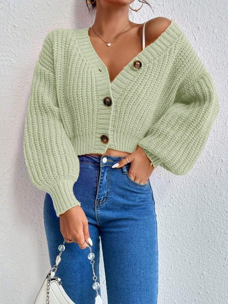 SHEIN ChicEase Lantern Sleeve Button Front Cardigan For Spring & Autumn | SHEIN