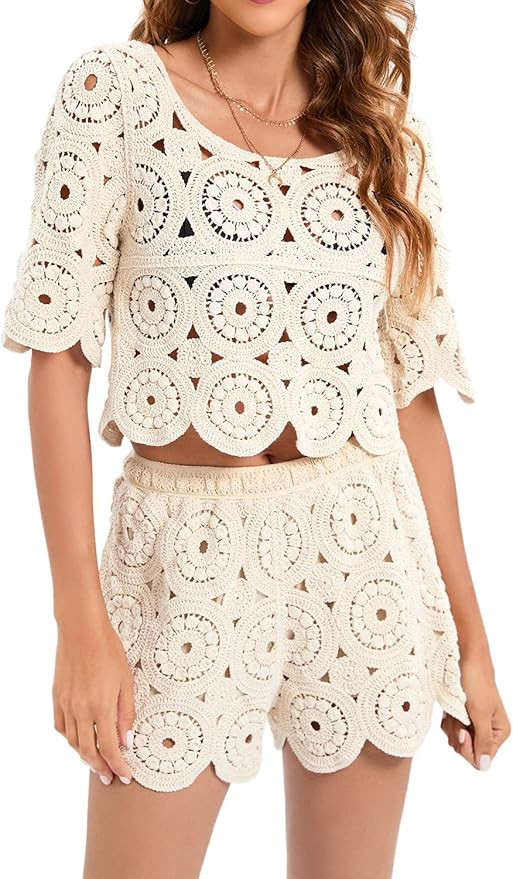 Women's Bikini Beach Swimwear Cover Up Set Crochet Crop Top and Hot Shorts(XS/S) | Amazon (US)