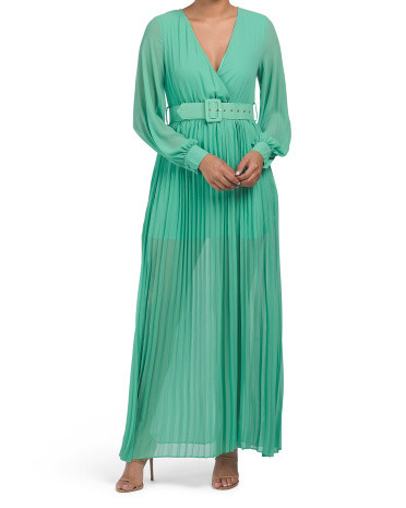 Long Sleeve V-neck Pleated Maxi Dress With Belt | TJ Maxx