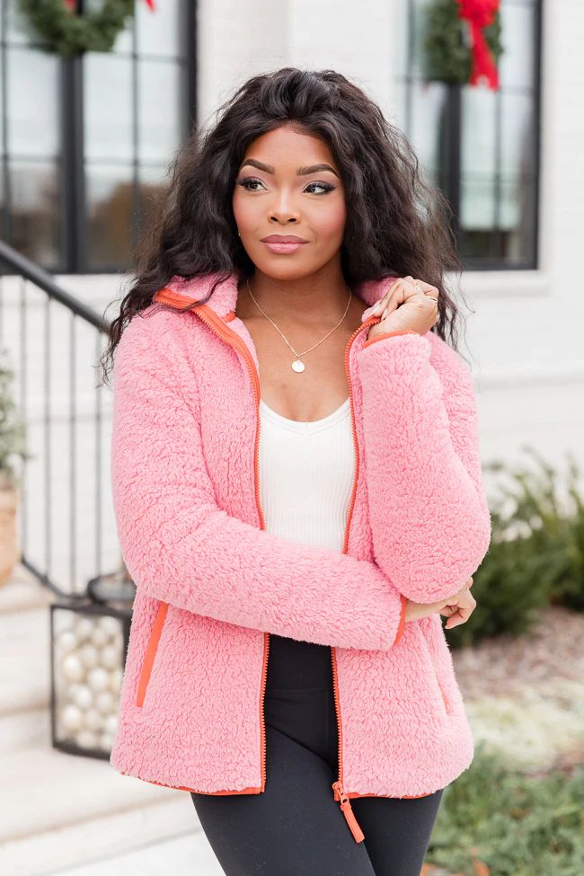Nice As Can Be Pink And Orange Sherpa Zip Up Hooded Jacket DOORBUSTER | Pink Lily