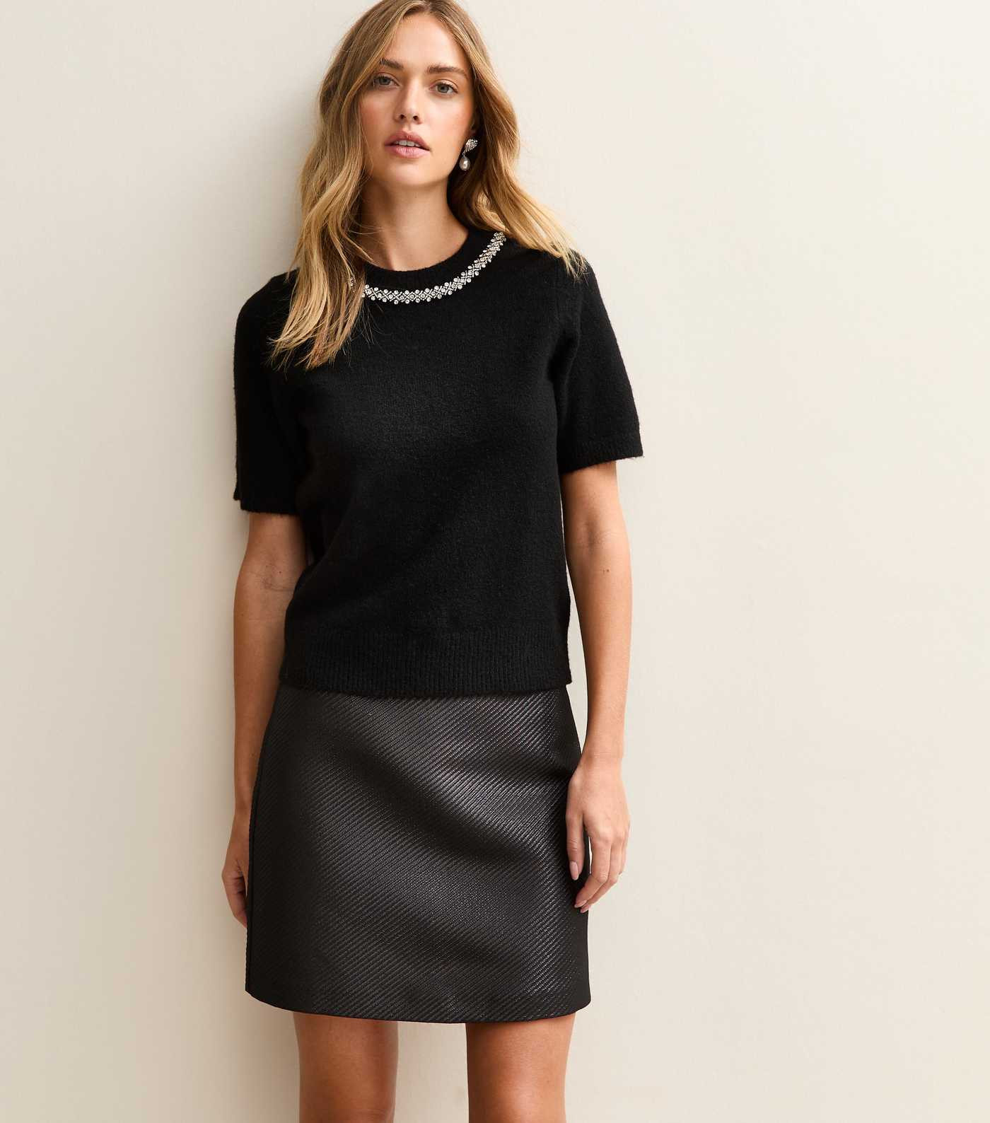 Black Embellished Neck Short Sleeve Top | New Look | New Look (UK)