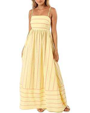 Women Striped Maxi Dress Smocked Backless Spaghetti Strap Long Flowy Dress Sleeveless Boho Aline ... | Amazon (US)