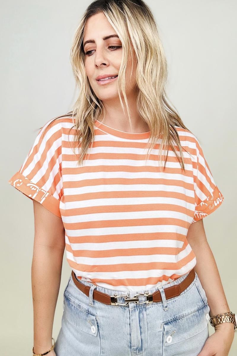 Cotton Bleu Striped Oversized Top With Contrast Cuffed Sleeve | Casual Chic Boutique