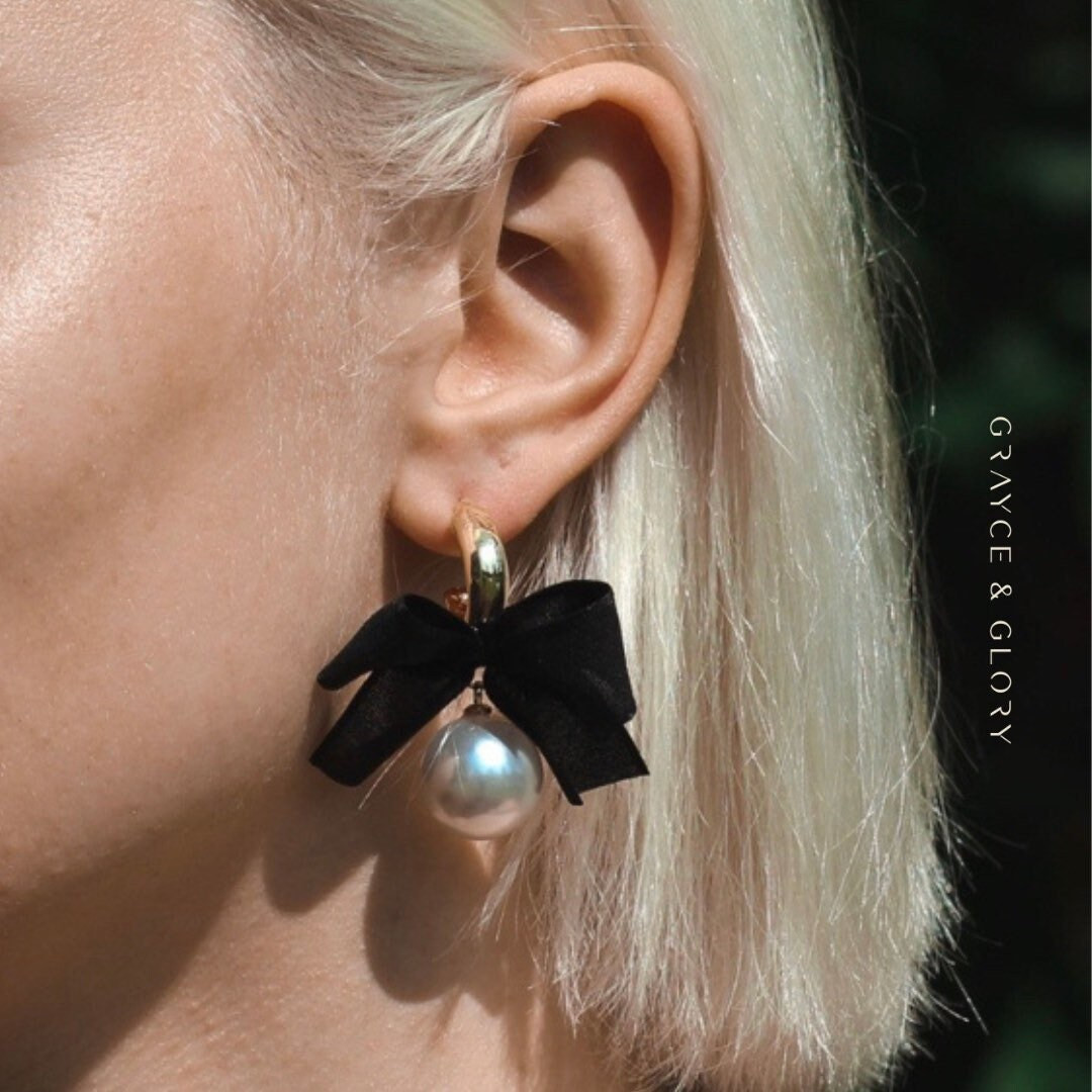 Gold Bow Earrings Pearl Dangle Earrings Pearl Drop Earrings - Etsy | Etsy (US)