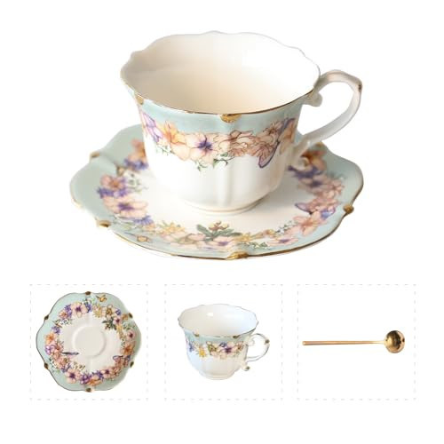 POWDONUNT Vintage Floral Porcelain Tea Cup and Saucer Set with Spoon, Gold Trim, 6.4 oz – Set of 1, Teal – Tea & Espresso & Coffee Cups (1, Teal) | Amazon (US)