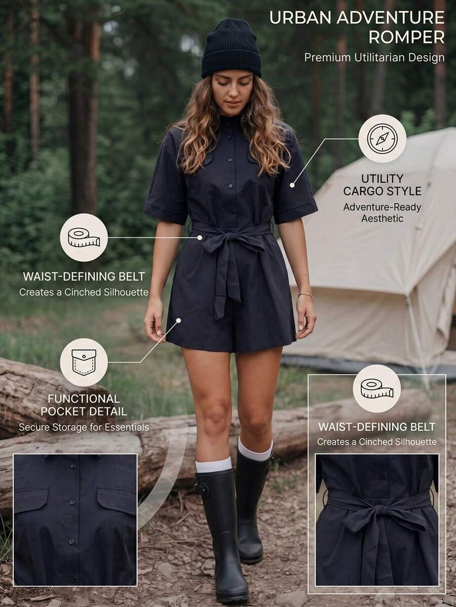 SHEIN Sports Women's Casual Solid Color Belted Outdoor Going Out Vacation Romper Camping Outfit Black Summer,Climb Outfit | SHEIN
