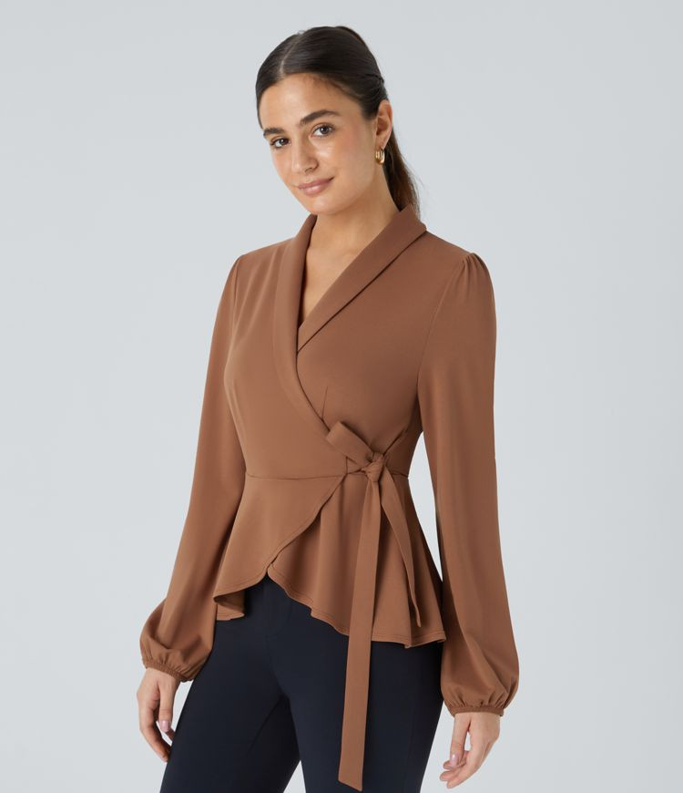 Damen Arbeitsbluse mit Schalkragen, seitlicher Masche und Rüschensaum - Halara | Halara - DE