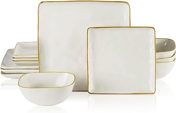 Famiware Dinnerware Sets for 4, Ocean Square 12-Piece Kitchen Plates and Bowls Sets, Microwave an... | Amazon (US)