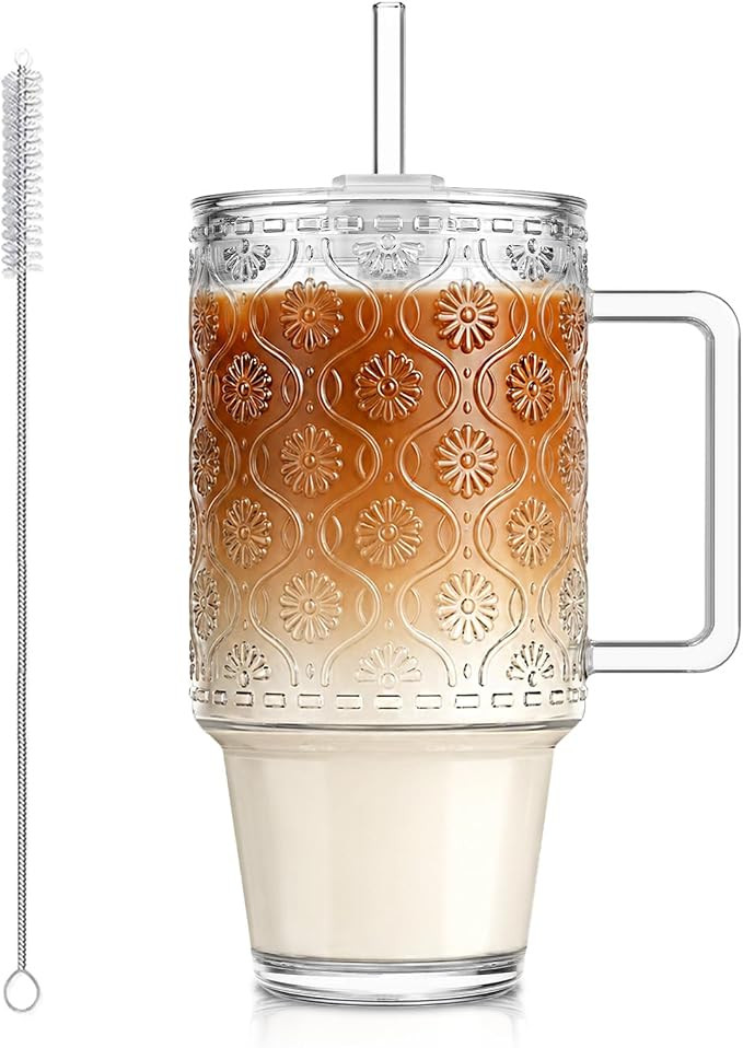 KEMORELA 24 Oz Ribbed Glass Tumblers with Lids and Straws, Tumbler Cup with Handle, Iced Coffee G... | Amazon (US)