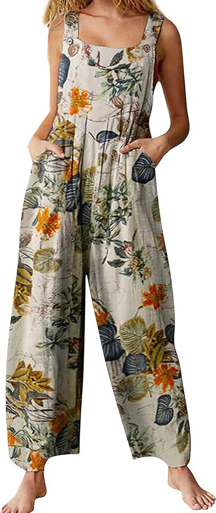 UANEO Overalls for Women Loose Fit Summer Wide Leg Jumpsuits Floral Boho Clothes | Amazon (US)