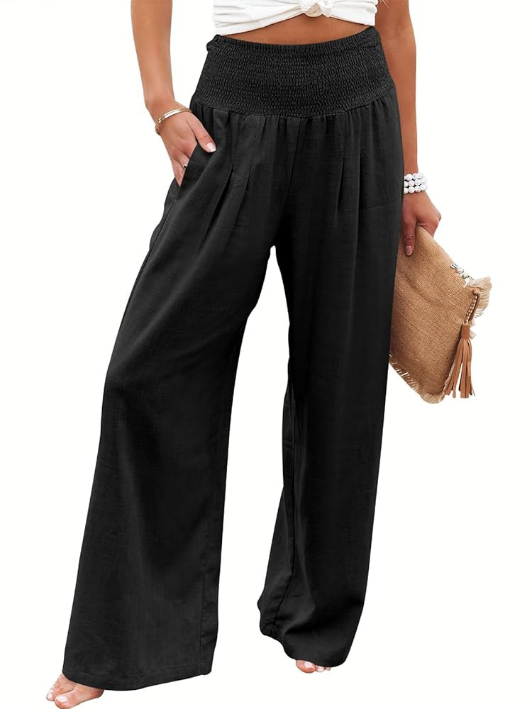 ANRABESS Women Linen Palazzo Pants Summer Boho Wide Leg High Waist Casual Lounge Pant 2025 Beach ... | Amazon (US)