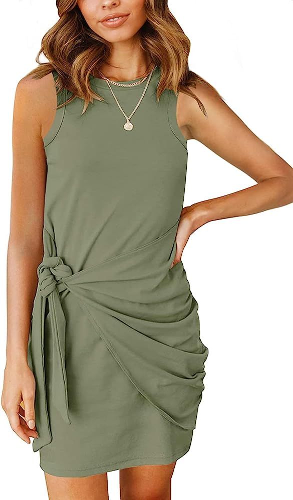 MEROKEETY Women's Summer Sleeveless T Shirt Dress Tie Waist Ruched Crewneck Bodycon Mini Dress | Amazon (US)