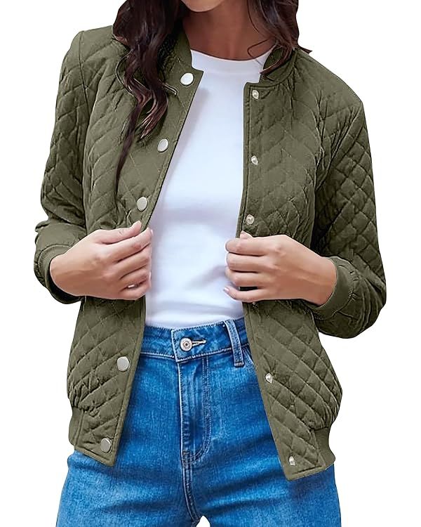 PRETTYGARDEN Womens Fall Quilted Bomber Jacket Long Sleeve Button Down Outerwear Trendy Casual Wi... | Amazon (US)