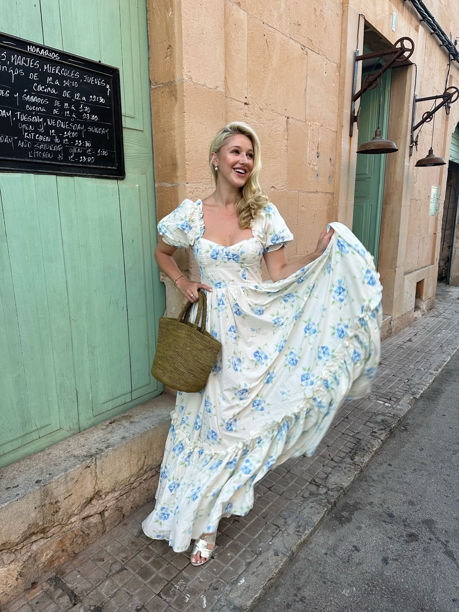 Blue floral dress, summer style, sundress, puff sleeve maxi dress, florals, Hermes sandals, woven bag, wicker bag, European summer, Mallorca outfit, holiday inspo, travel outfit 

#LTKeurope #LTKSeasonal #LTKstyletip