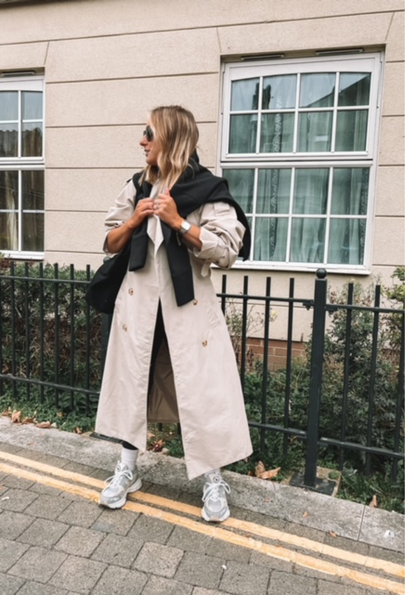 Trench coat, oversized trench, black sweatshirt, crew neck sweatshirt, black leggings, every day leggings, mesh trainers, white trainers, chunky trainers, Adanola, Everlane, Lululemon, H&M, Weekday, Adel Arigato

#LTKSeasonal #LTKstyletip #LTKeurope
