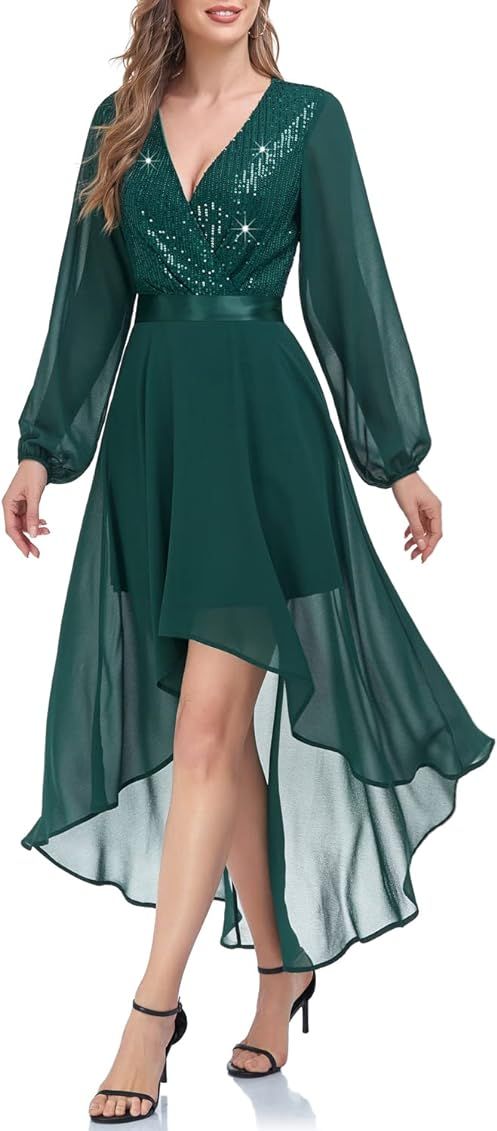 NODPAN Women's Sequin Glitter Wrap V Neck Long Sleeve Ruffle Belted A-Line Boho Flowy High-Low Maxi  | Amazon (US)